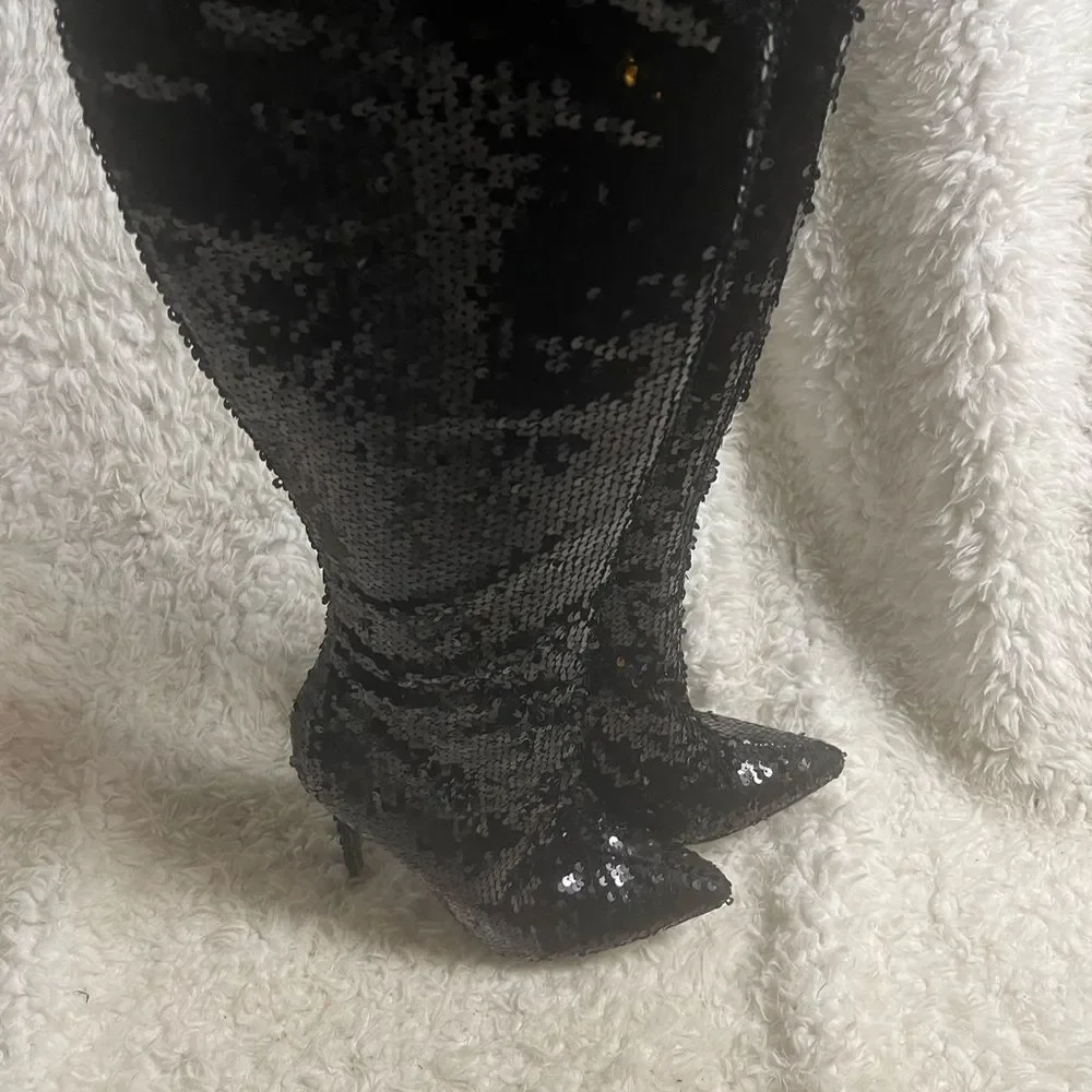 Yoki thigh high Black Sequins heels Boots side zipper SZ8